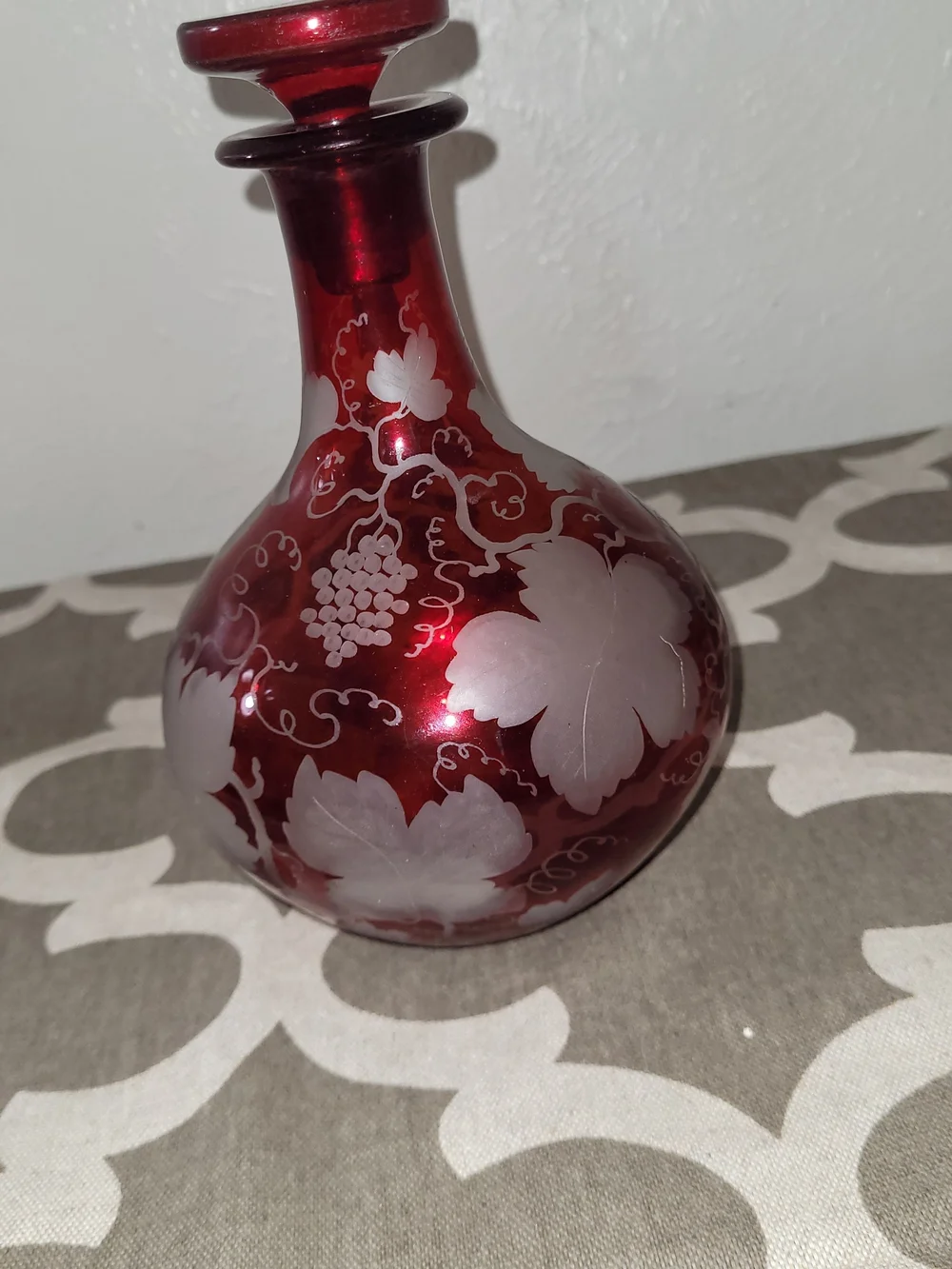 Ruby Red Etched Glass Vintage Bohemian Style Decanter